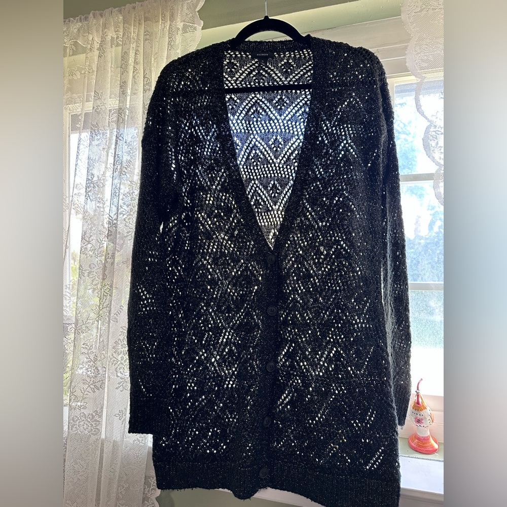 halogen metallic and black knit button up cardigan